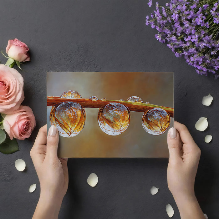 Trio of Golden Dewdrops Wall Mural | Exquisite Botanical Macro Art & Amber Refraction Decor