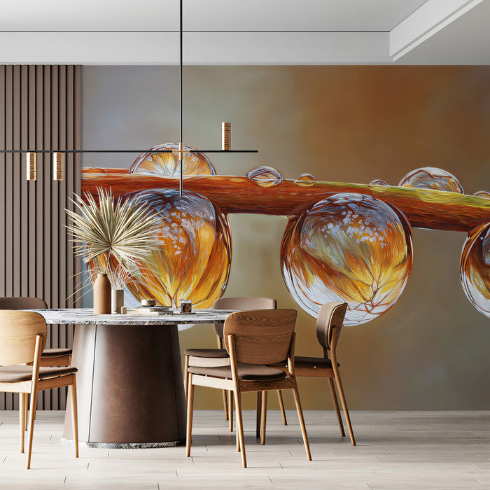 Trio of Golden Dewdrops Wall Mural | Exquisite Botanical Macro Art & Amber Refraction Decor