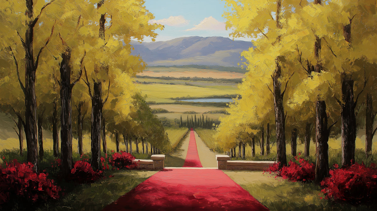 Red Carpet Vineyard Path Wall Mural | Impressionist Landscape & Vibrant Autumn Garden Scene