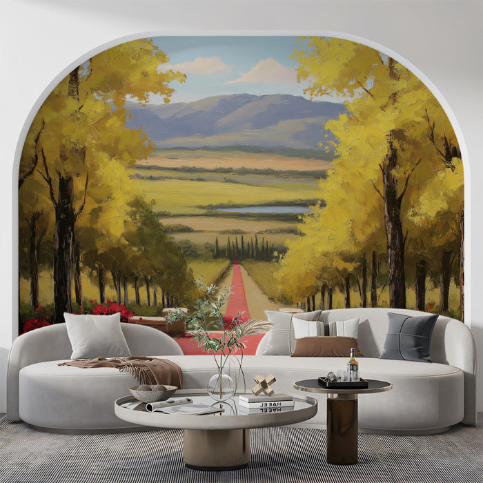 Red Carpet Vineyard Path Wall Mural | Impressionist Landscape & Vibrant Autumn Garden Scene