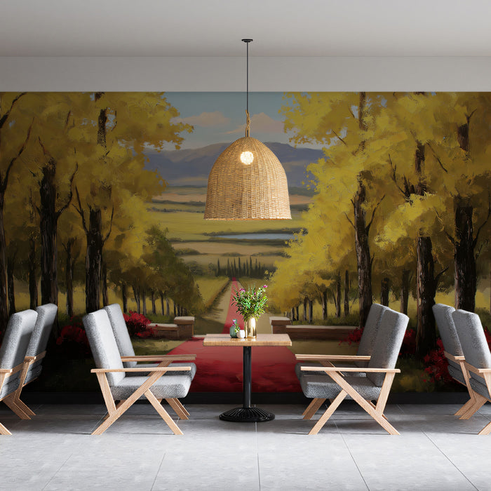 Red Carpet Vineyard Path Wall Mural | Impressionist Landscape & Vibrant Autumn Garden Scene