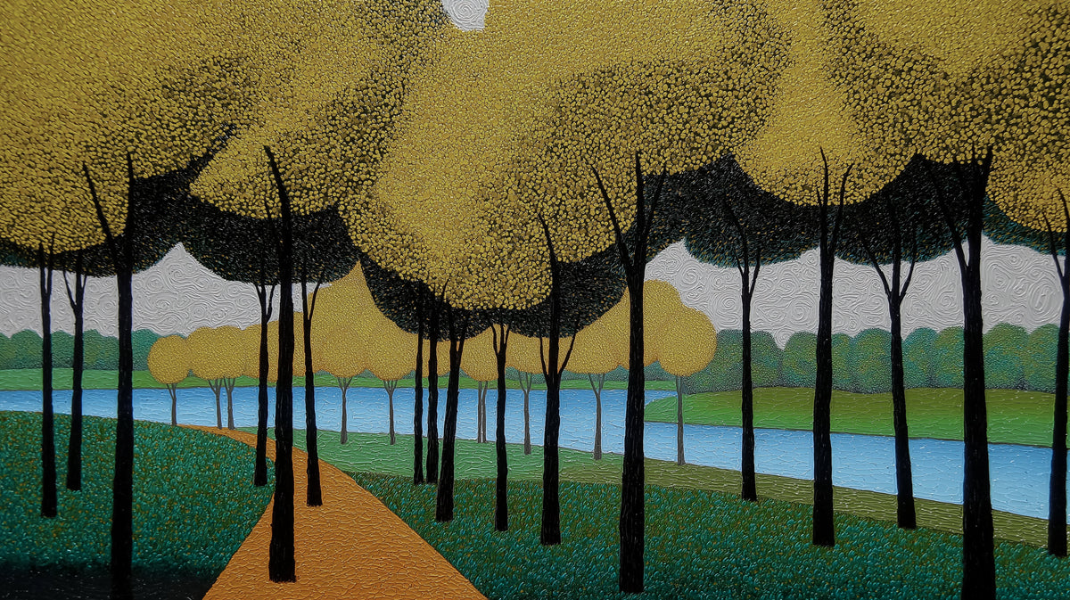 Pointillist Golden Forest River Wall Mural | Modern Impasto Style & Textured Autumn Nature Scenery