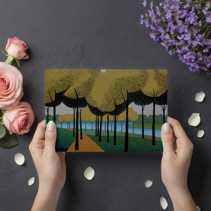 Pointillist Golden Forest River Wall Mural | Modern Impasto Style & Textured Autumn Nature Scenery