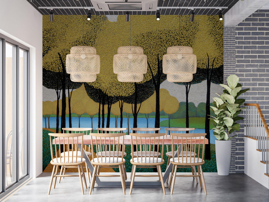 Pointillist Golden Forest River Wall Mural | Modern Impasto Style & Textured Autumn Nature Scenery