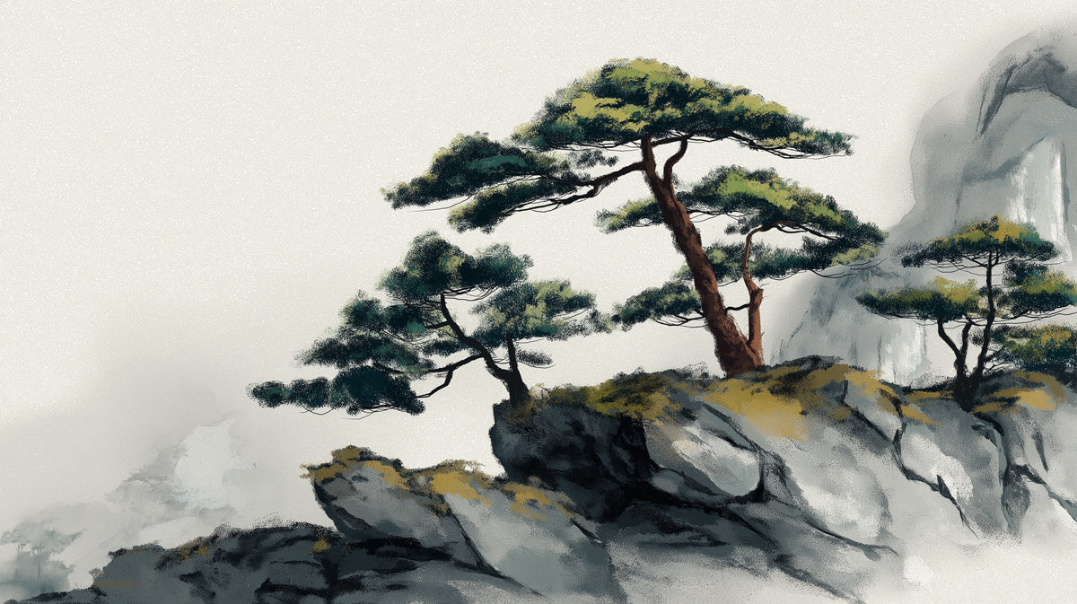Zen Mountain Pine Ink Sketch Wall Mural | Traditional Oriental Ink Wash Style & Serene Mist Landscape