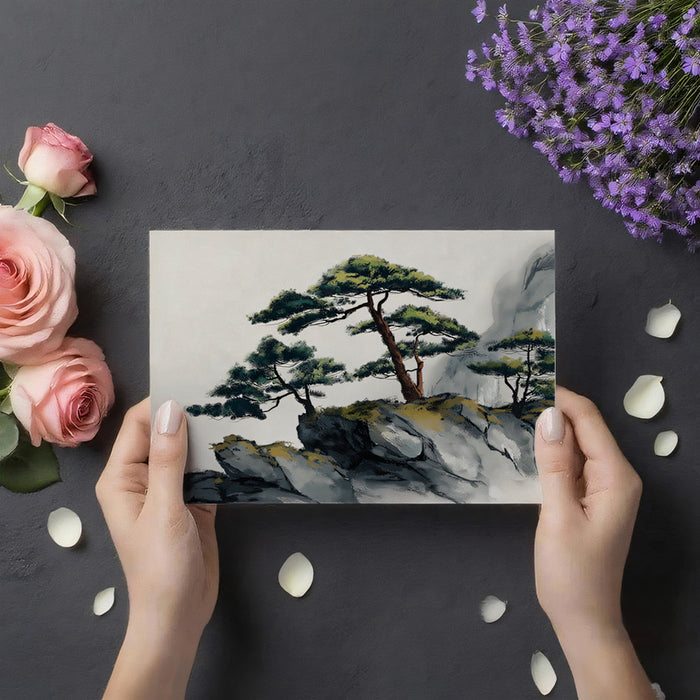 Zen Mountain Pine Ink Sketch Wall Mural | Traditional Oriental Ink Wash Style & Serene Mist Landscape