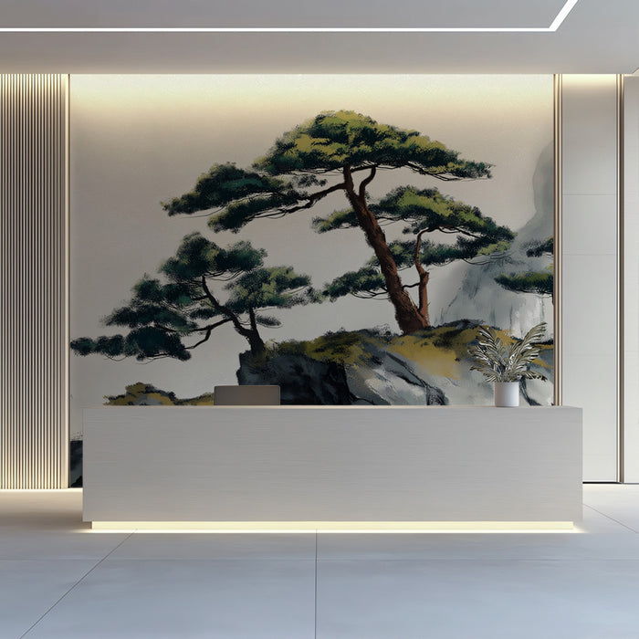 Zen Mountain Pine Ink Sketch Wall Mural | Traditional Oriental Ink Wash Style & Serene Mist Landscape