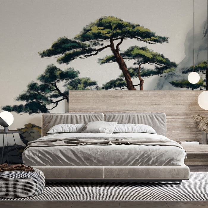 Zen Mountain Pine Ink Sketch Wall Mural | Traditional Oriental Ink Wash Style & Serene Mist Landscape