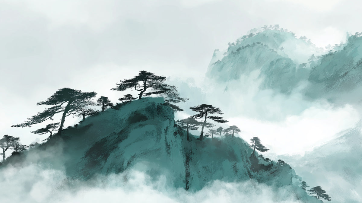 Ethereal Pine Mountainscape Wall Mural | Traditional Ink Wash Style & Serene Mist Landscape Decor