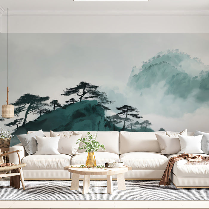 Ethereal Pine Mountainscape Wall Mural | Traditional Ink Wash Style & Serene Mist Landscape Decor