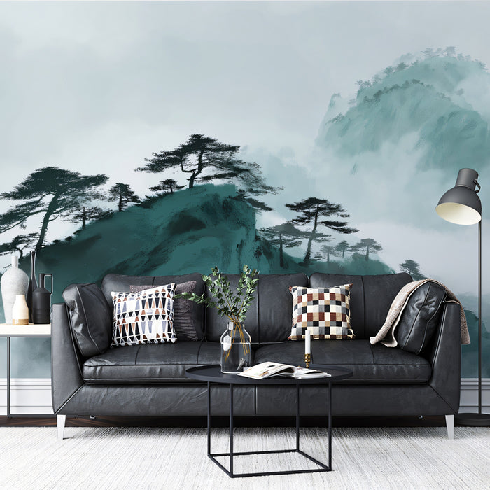 Ethereal Pine Mountainscape Wall Mural | Traditional Ink Wash Style & Serene Mist Landscape Decor