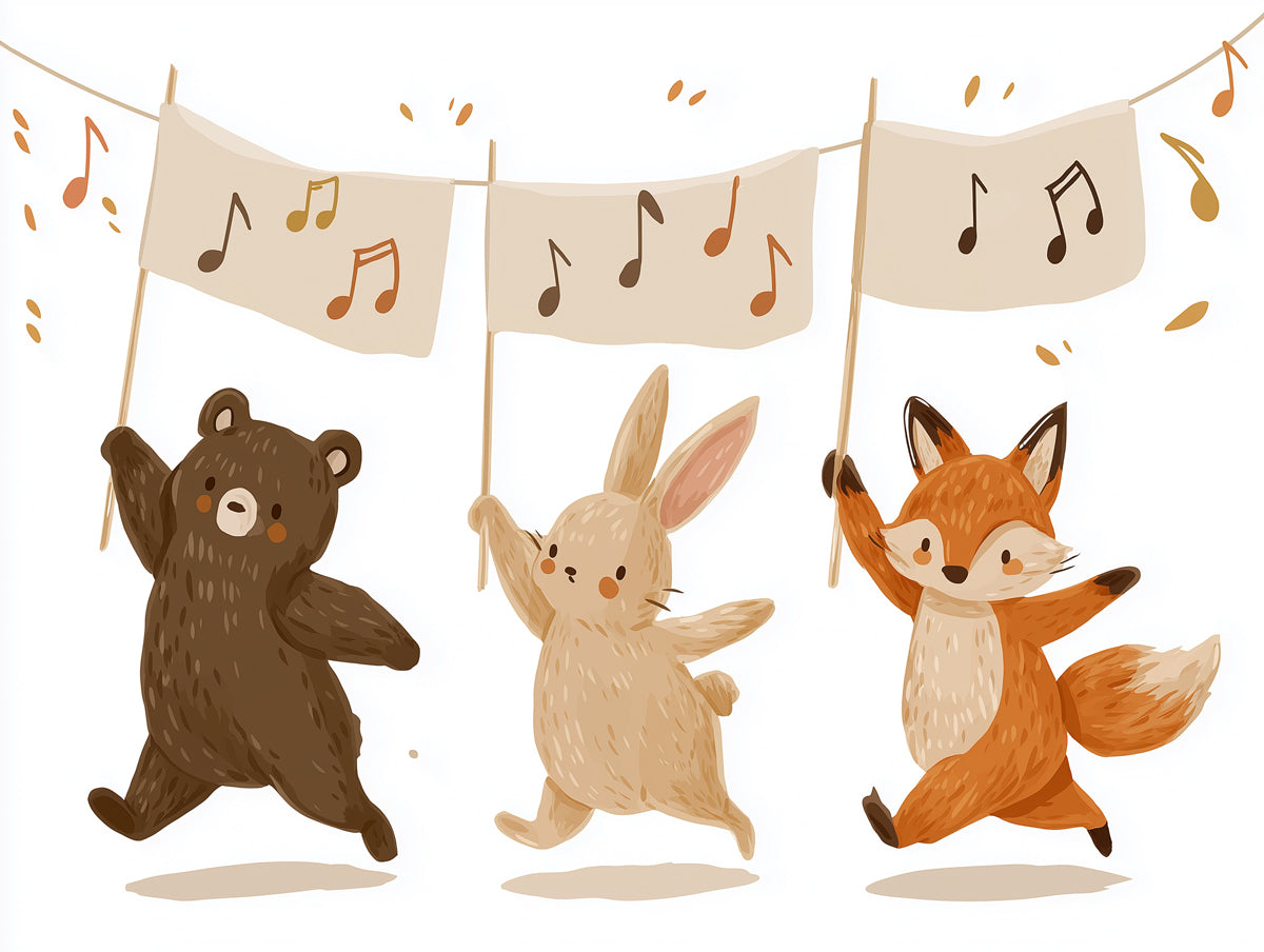 Forest Friends Musical Parade Wall Mural | Whimsical Hand-Drawn Nursery & Playroom Illustration