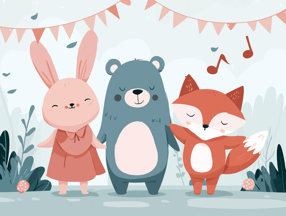 Joyful Animal Trio Celebration Wall Mural | Pastel Hand-Painted Nursery Art & Soft Playroom Background