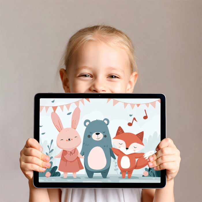 Joyful Animal Trio Celebration Wall Mural | Pastel Hand-Painted Nursery Art & Soft Playroom Background