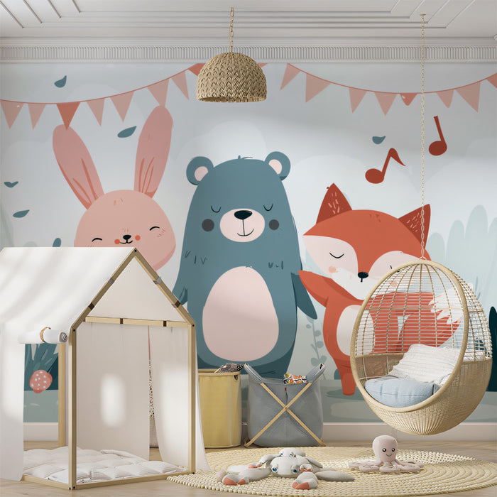 Joyful Animal Trio Celebration Wall Mural | Pastel Hand-Painted Nursery Art & Soft Playroom Background