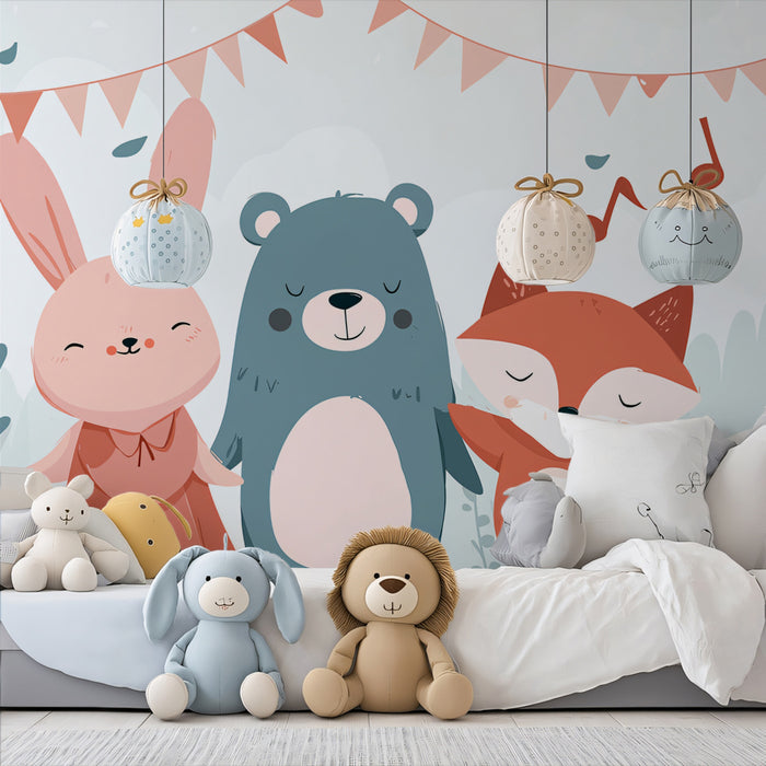 Joyful Animal Trio Celebration Wall Mural | Pastel Hand-Painted Nursery Art & Soft Playroom Background