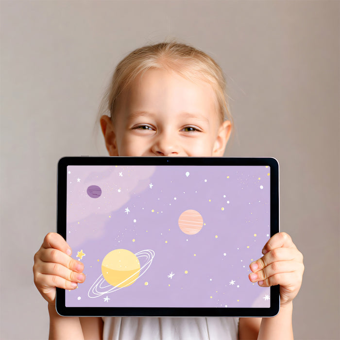 Pastel Galaxy Dreamscape Wall Mural | Whimsical Hand-Drawn Space & Planet Nursery Art