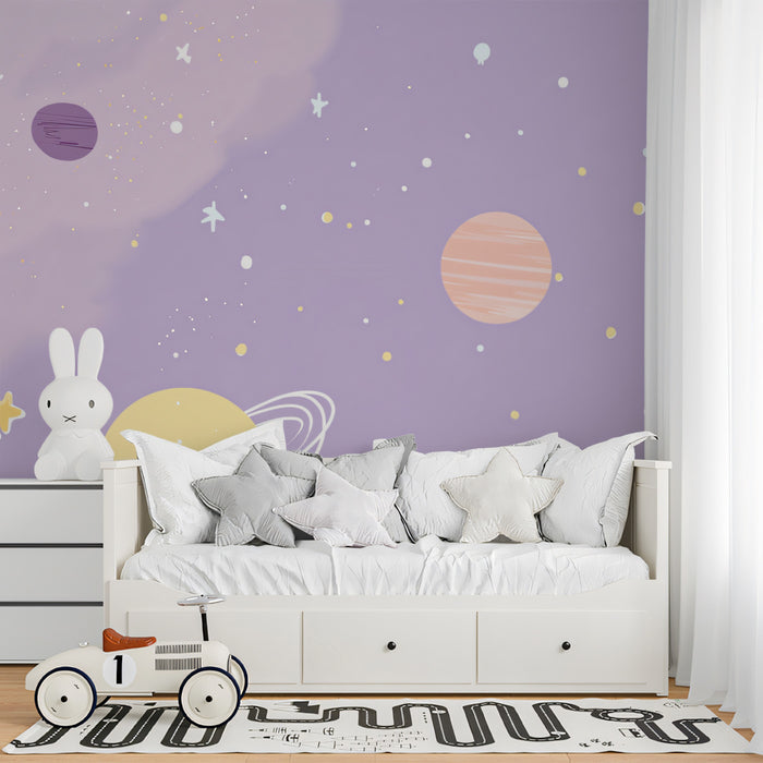 Pastel Galaxy Dreamscape Wall Mural | Whimsical Hand-Drawn Space & Planet Nursery Art