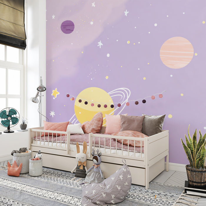 Pastel Galaxy Dreamscape Wall Mural | Whimsical Hand-Drawn Space & Planet Nursery Art