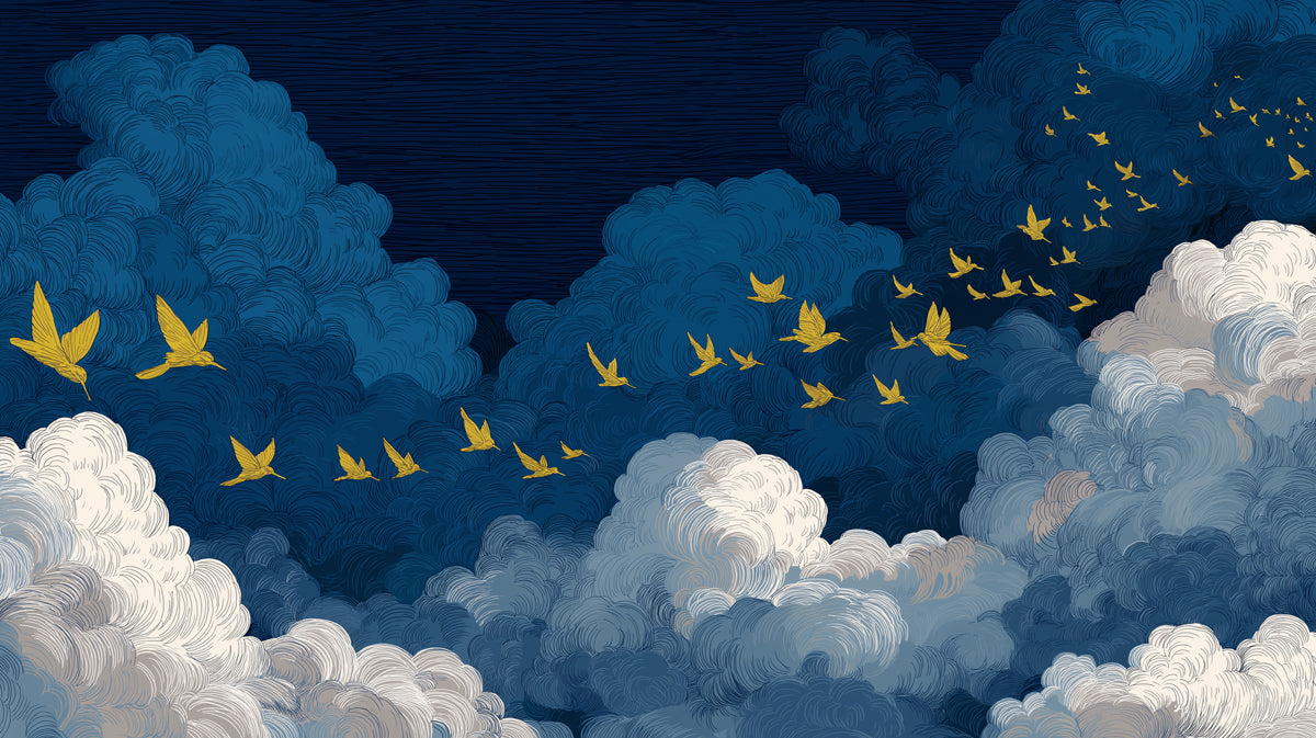 Golden Swallows & Midnight Clouds Wall Mural | Dramatic Oriental Sky & Contemporary Ink Art