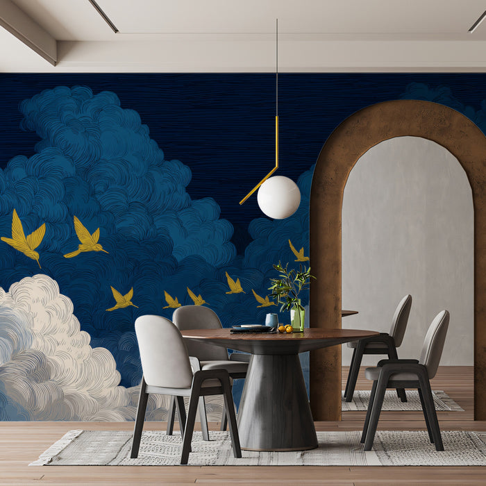 Golden Swallows & Midnight Clouds Wall Mural | Dramatic Oriental Sky & Contemporary Ink Art