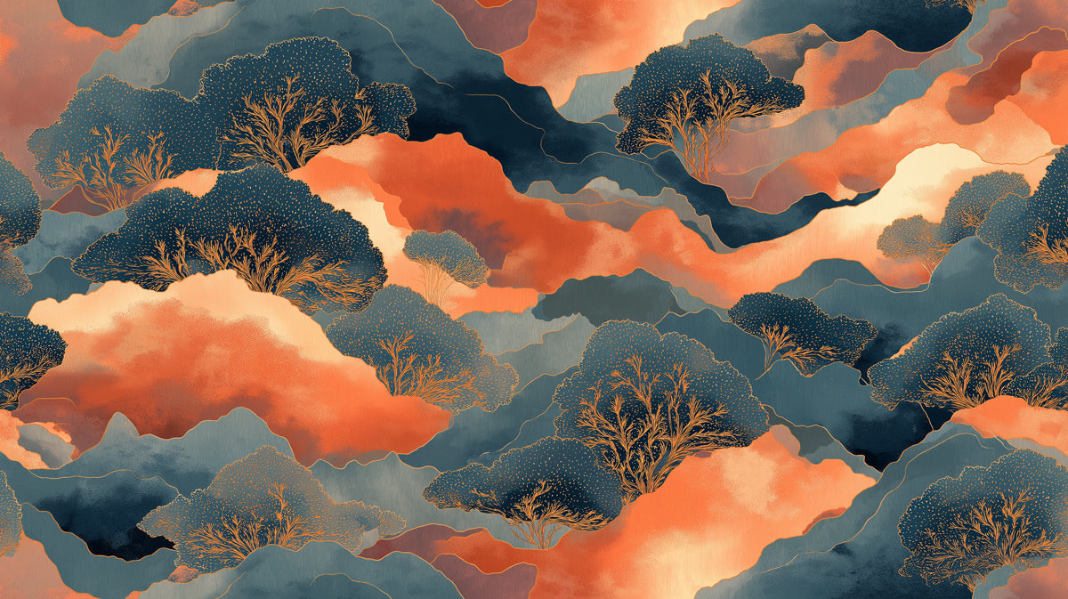 Abstract Golden Forest & Sunset Clouds Wall Mural | Modern Textured Landscape & Serene Teal Accent Art