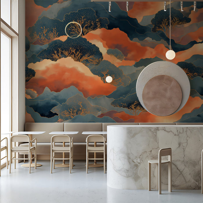 Abstract Golden Forest & Sunset Clouds Wall Mural | Modern Textured Landscape & Serene Teal Accent Art