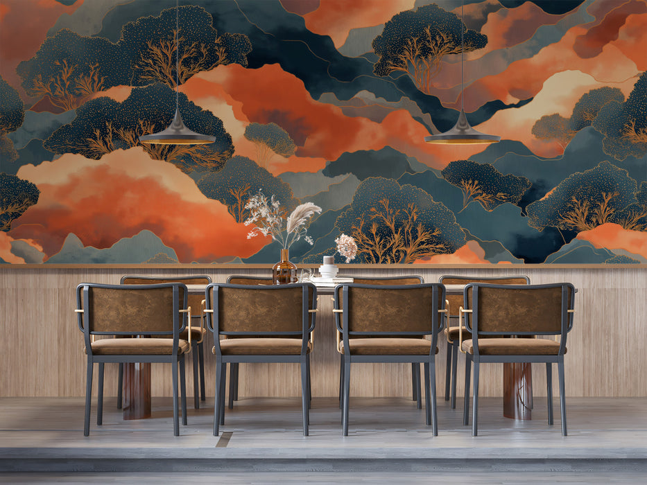 Abstract Golden Forest & Sunset Clouds Wall Mural | Modern Textured Landscape & Serene Teal Accent Art