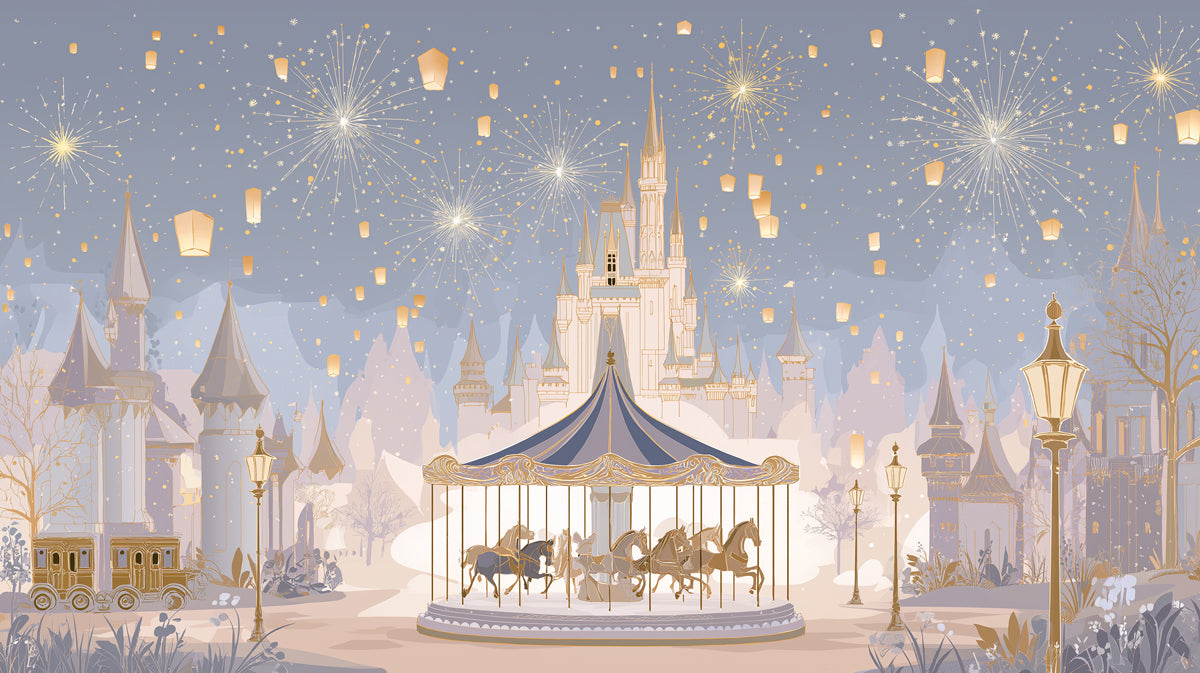 Magical Carousel & Fireworks Castle Wall Mural | Romantic Fairy Tale Kingdom & Serene Lavender Night