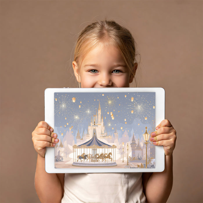 Magical Carousel & Fireworks Castle Wall Mural | Romantic Fairy Tale Kingdom & Serene Lavender Night