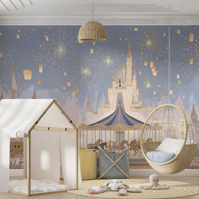 Magical Carousel & Fireworks Castle Wall Mural | Romantic Fairy Tale Kingdom & Serene Lavender Night