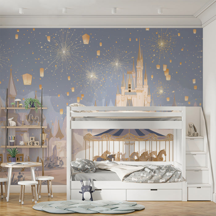 Magical Carousel & Fireworks Castle Wall Mural | Romantic Fairy Tale Kingdom & Serene Lavender Night