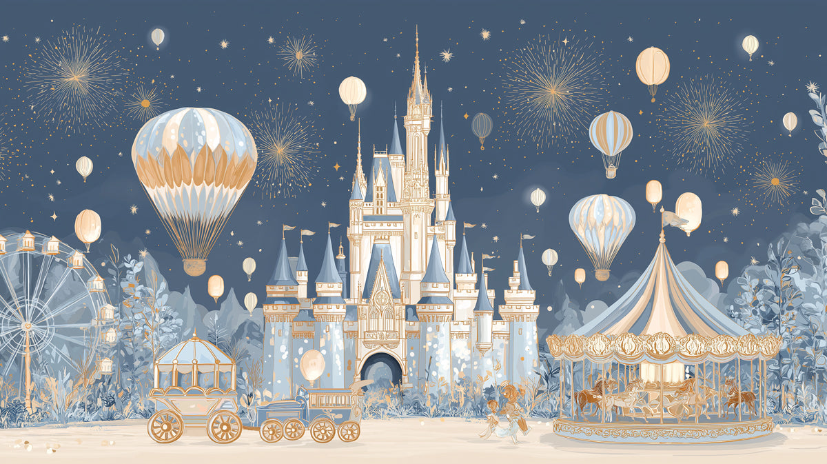 Enchanted Royal Kingdom & Sky Lanterns Wall Mural | Majestic Blue Castle & Whimsical Carnival Scene