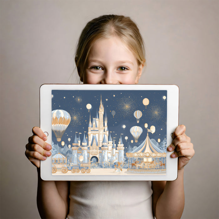 Enchanted Royal Kingdom & Sky Lanterns Wall Mural | Majestic Blue Castle & Whimsical Carnival Scene