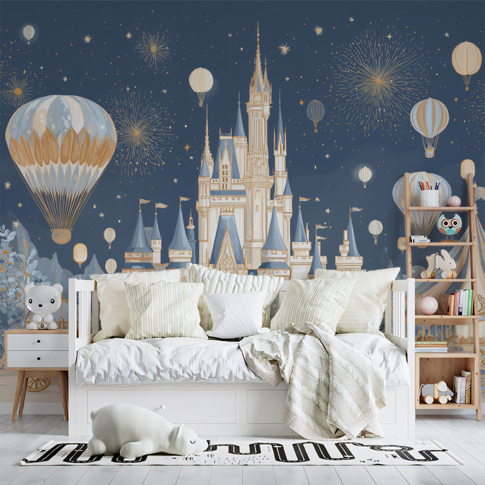 Enchanted Royal Kingdom & Sky Lanterns Wall Mural | Majestic Blue Castle & Whimsical Carnival Scene