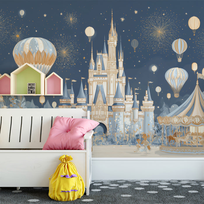 Enchanted Royal Kingdom & Sky Lanterns Wall Mural | Majestic Blue Castle & Whimsical Carnival Scene