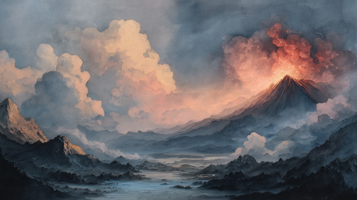 Dramatic Watercolor Volcano Ascent Wall Mural | Moody Sunset Mountain & Ethereal Cloud Texture Art