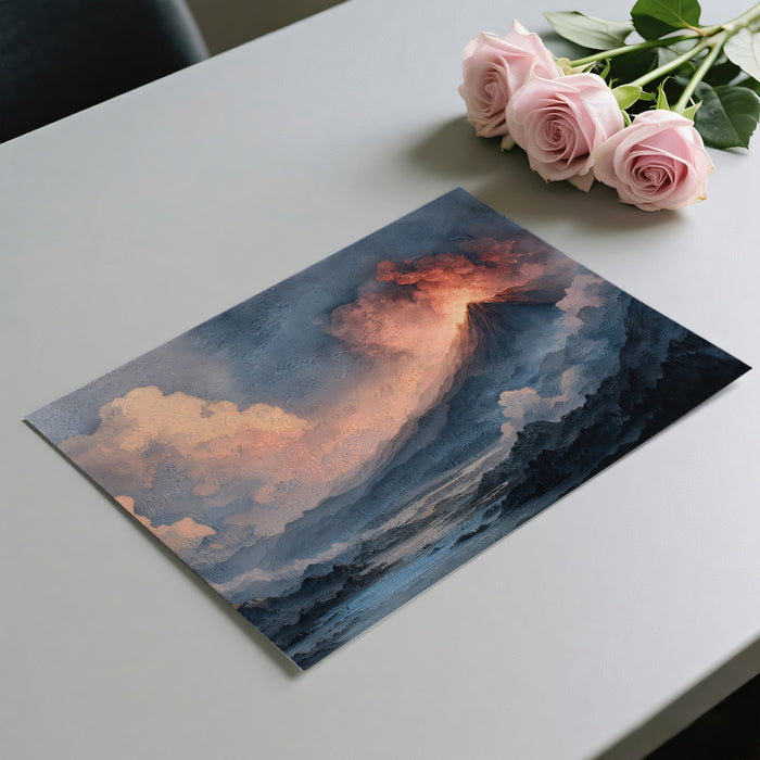 Dramatic Watercolor Volcano Ascent Wall Mural | Moody Sunset Mountain & Ethereal Cloud Texture Art
