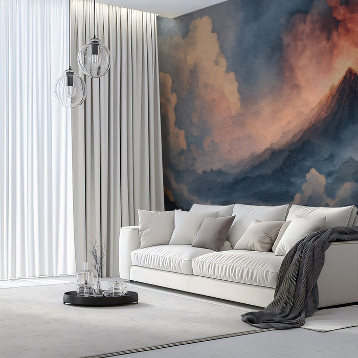 Dramatic Watercolor Volcano Ascent Wall Mural | Moody Sunset Mountain & Ethereal Cloud Texture Art