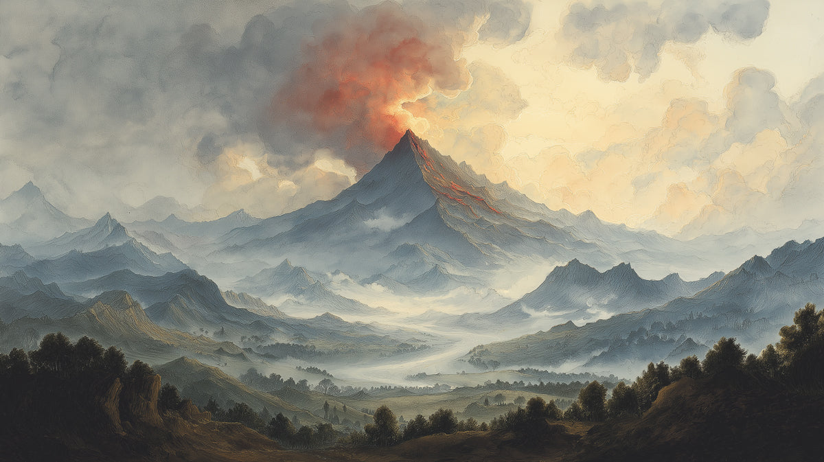 Majestic Volcanic Peak Wall Mural | Dramatic Watercolor Landscape & Ethereal Sunset Cloud Art