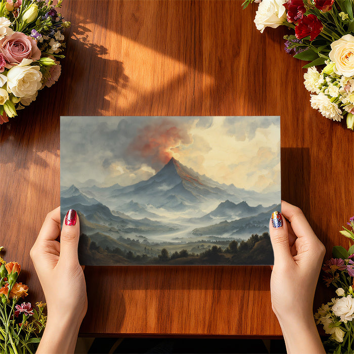 Majestic Volcanic Peak Wall Mural | Dramatic Watercolor Landscape & Ethereal Sunset Cloud Art