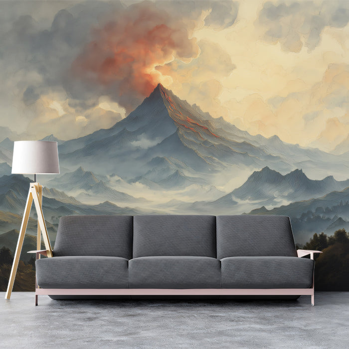 Majestic Volcanic Peak Wall Mural | Dramatic Watercolor Landscape & Ethereal Sunset Cloud Art