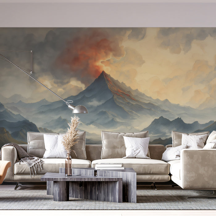 Majestic Volcanic Peak Wall Mural | Dramatic Watercolor Landscape & Ethereal Sunset Cloud Art