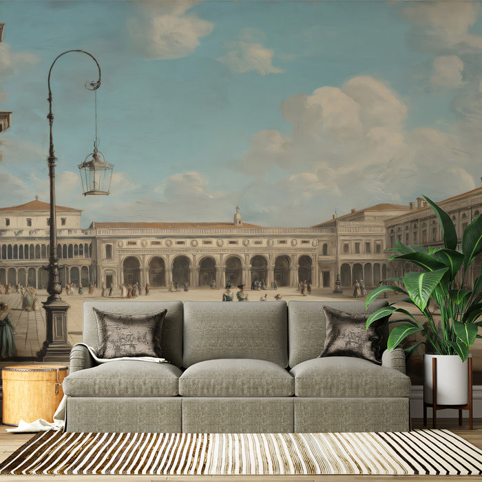 Classical European Piazza Wall Mural | Fine Art Oil Painting Style & Historic Architectural Vista