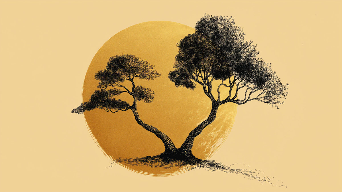 Zen Entwined Trees Wall Mural | Minimalist Ink Sketch Art & Golden Sun Symmetry Background