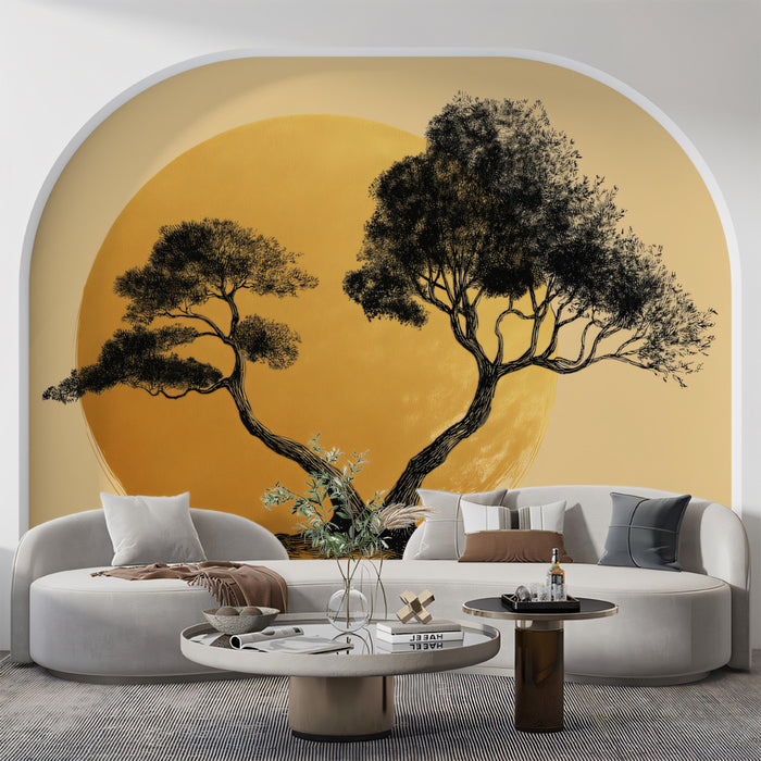Zen Entwined Trees Wall Mural | Minimalist Ink Sketch Art & Golden Sun Symmetry Background