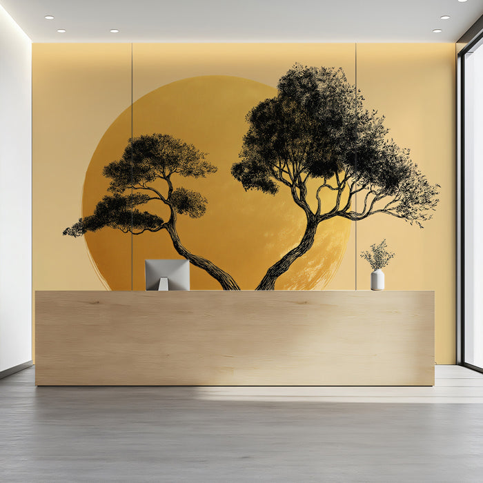 Zen Entwined Trees Wall Mural | Minimalist Ink Sketch Art & Golden Sun Symmetry Background