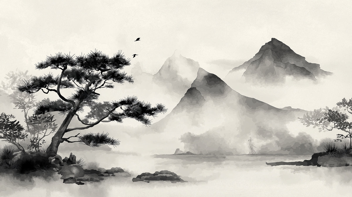 Ethereal Mist Mountainscape Wall Mural | Traditional Ink Wash Style & Serene Oriental Landscape Art
