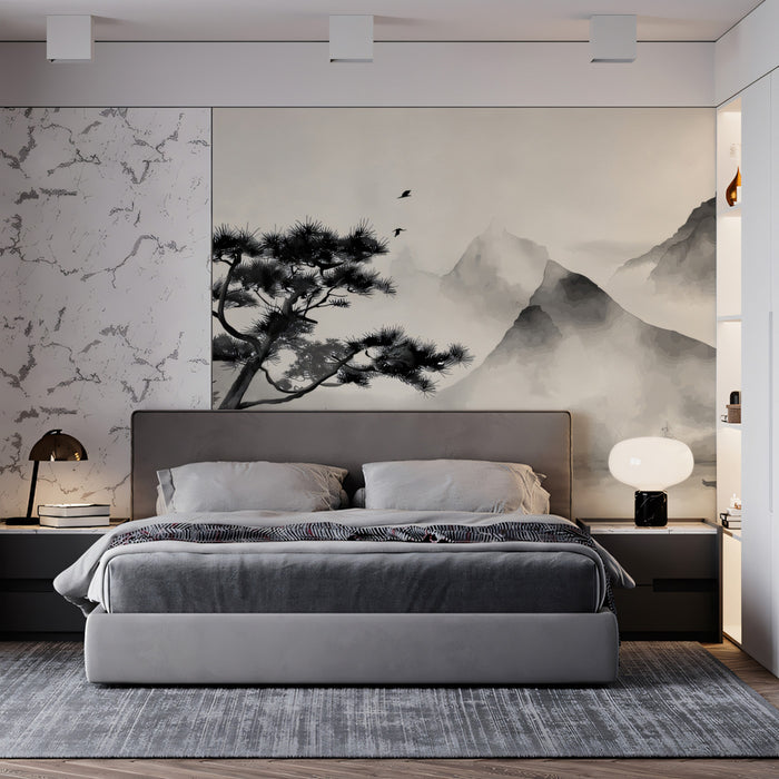 Ethereal Mist Mountainscape Wall Mural | Traditional Ink Wash Style & Serene Oriental Landscape Art