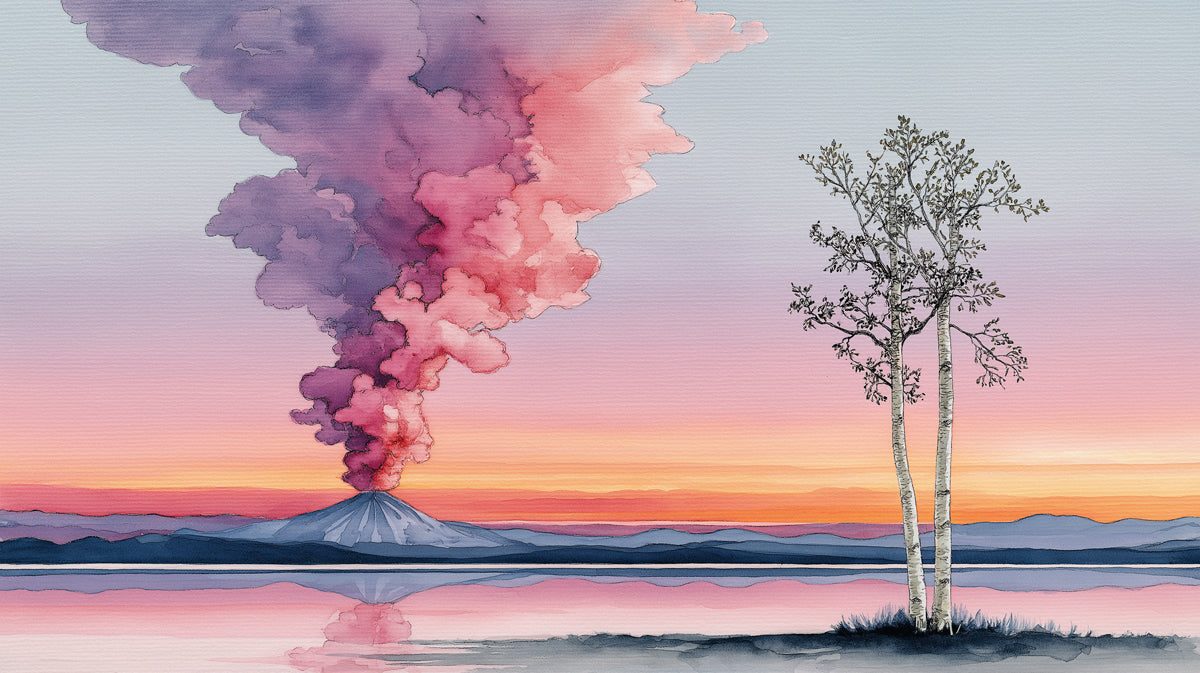 Sunset Reflection Peak Wall Mural | Pastel Watercolor Landscape & Serene Lakeside Birch Decor